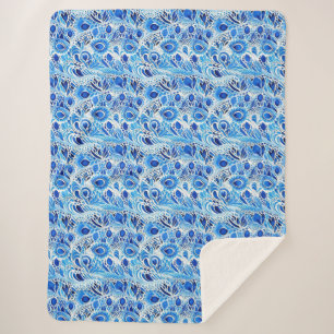 Couverture Sherpa Plumes de paon bleu blanc