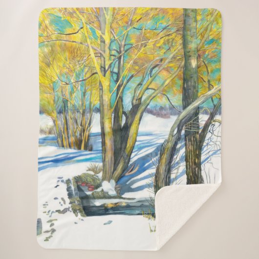 Couverture Sherpa Pont en hiver Peinture aquarelle (Devant)