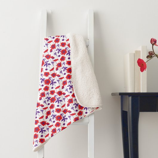 Couverture Sherpa Populaire rouge, violet et blanc floral