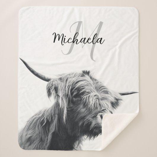 Couverture Sherpa Portrait de vache Highland premier monogramme noir (Devant)
