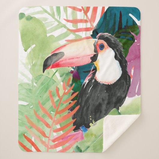 Couverture Sherpa Portrait toucan avec Feuilles tropicaux (Devant)