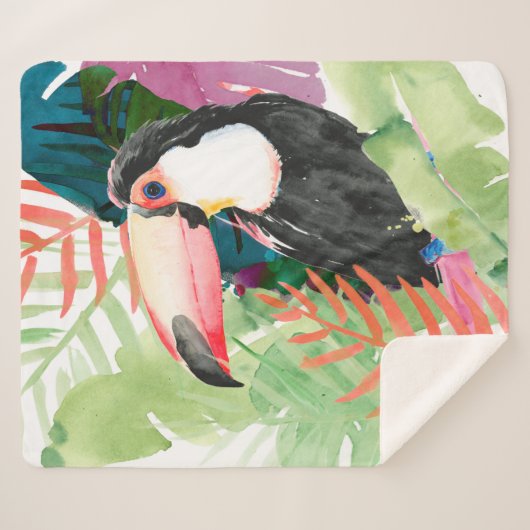 Couverture Sherpa Portrait toucan avec Feuilles tropicaux (Devant (Horizontal))