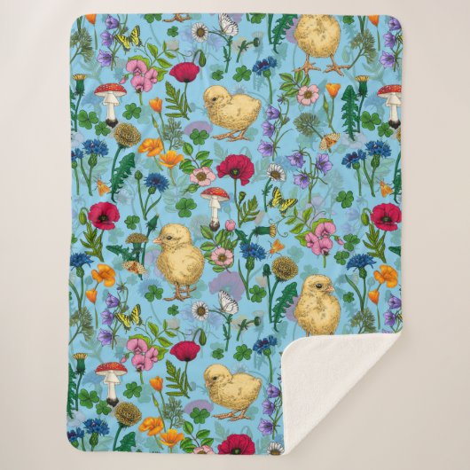 Couverture Sherpa Poulets et fleurs sauvages sur le bleu bébé (Devant)