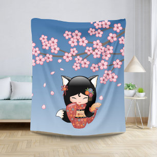 Couverture Sherpa Poupée Kitsune Kokeshi - Black Fox Geisha Girl