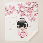 Couverture Sherpa Poupée Kokeshi au kimono rose Kawaii (Devant)