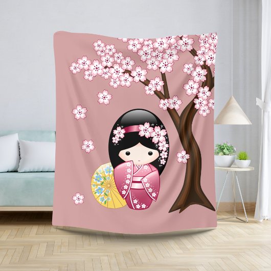 Couverture Sherpa Poupée Kokeshi Printemps - Cute Geisha Japonais en