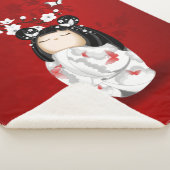 Couverture Sherpa Poupée Kokeshi Rouge Noir Blanc Cerisier Fleurs (3/4)