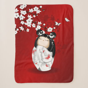 Couverture Sherpa Poupée Kokeshi Rouge Noir Blanc Cerisier Fleurs