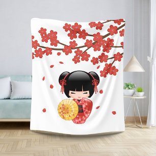 Couverture Sherpa Poupée rouge Sakura Kokeshi - mignonne Geisha Girl