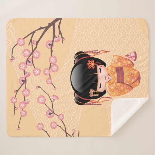 Couverture Sherpa Poupée Ume Kokeshi - Japonaise Pêche Geisha Girl (Devant (Horizontal))