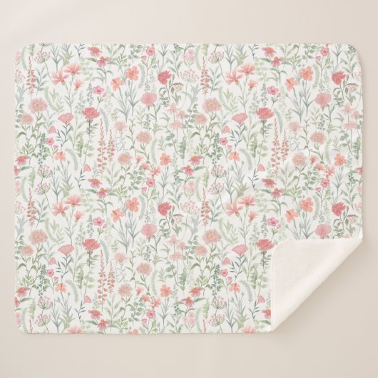 Couverture Sherpa Prairie de fleurs sauvages rose coquette féminine (Devant (Horizontal))