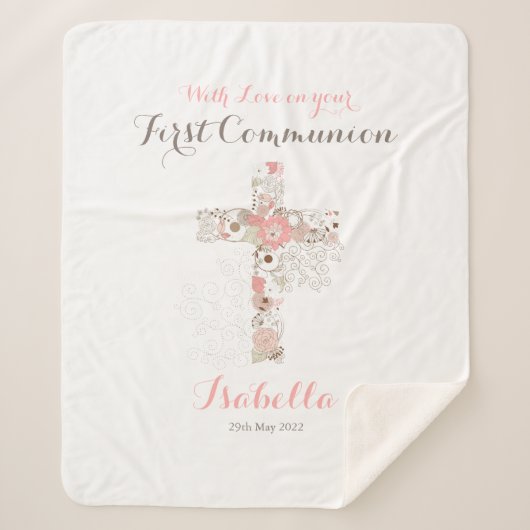 Couverture Sherpa Première communion blanc nom croisé floral (Devant)