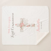 Couverture Sherpa Première communion blanc nom croisé floral (Devant (Horizontal))