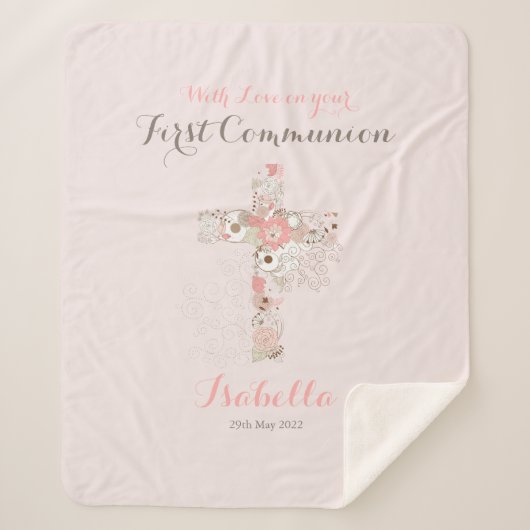 Couverture Sherpa Première communion rose pâle nom croisé (Devant)