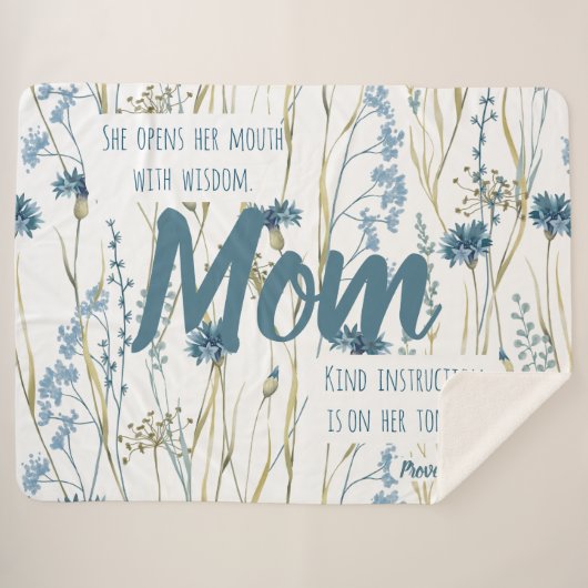Couverture Sherpa Proverbes 31 Maman Fleurs Bleues & Or (Devant (Horizontal))