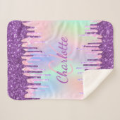 Couverture Sherpa Purple rose gouttes holographique nom initial (Devant (Horizontal))