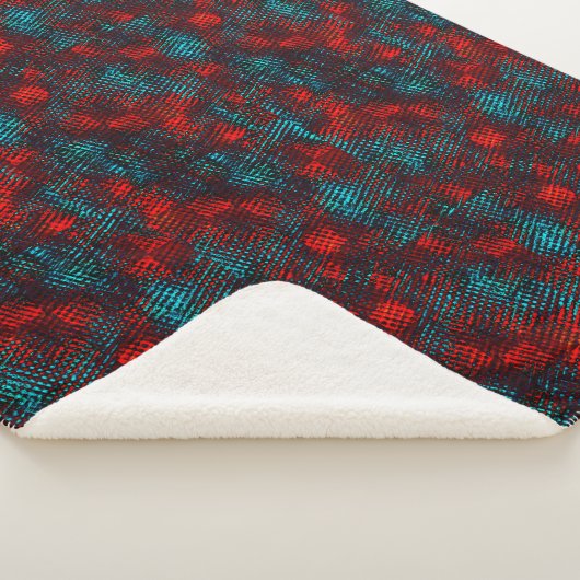 Couverture Sherpa Quadrillé rayé de couleur rouge et bleu clair. (3/4)