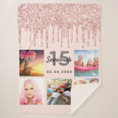 Couverture Sherpa Quinceanera photo rose or parties scintillant blus (Devant)