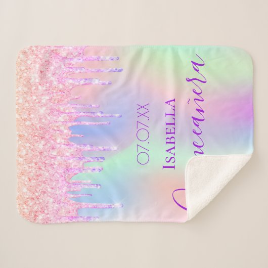 Couverture Sherpa Quinceanera rose violet parties scintillant nom go (Devant (Horizontal))