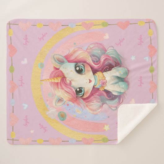 Couverture Sherpa Rainbow Pastel Lilac Kawaii Unicorn Avec Nom (Devant (Horizontal))