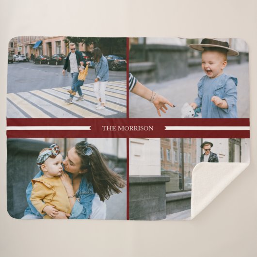 Couverture Sherpa Red Custom Photos Collage Nom de famille Personnal (Devant (Horizontal))