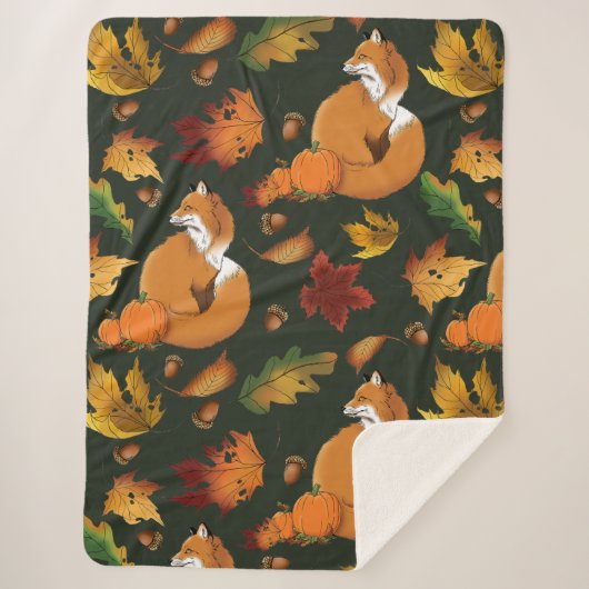Couverture Sherpa Red Fox Feuilles Acorns Green (Devant)