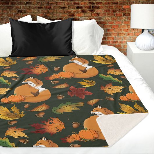 Couverture Sherpa Red Fox Feuilles Acorns Green