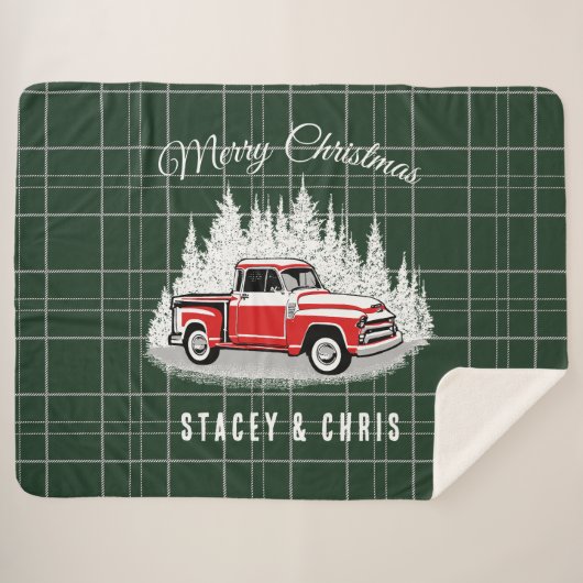Couverture Sherpa Retro Camion Rouge Merry Noël Sherpa Blanche (Devant (Horizontal))