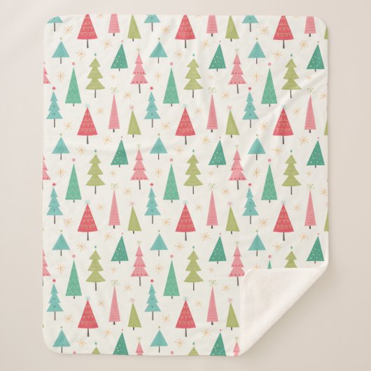 Couverture Sherpa Retro Joyeux arbres de Noël Fun Motif de vacances (Devant)