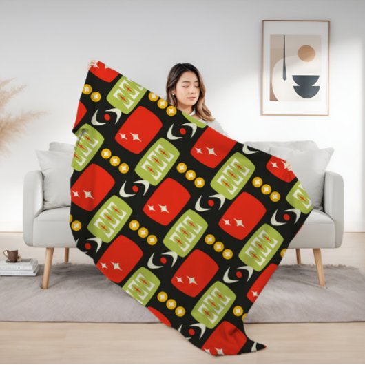 Couverture Sherpa Retro Mid-Century Noir Rouge Vert Motif