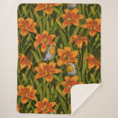 Couverture Sherpa Robins et fleurs de lys, orange et vert foncé (Devant)