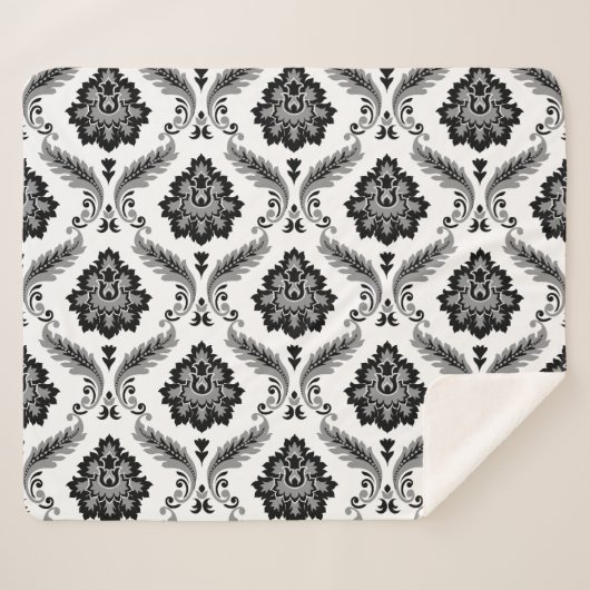 Couverture Sherpa Rococo Damask Pattern Grey Black White (Devant (Horizontal))