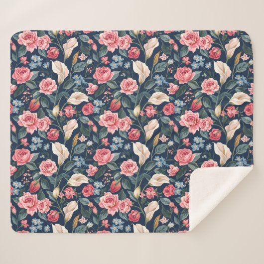 Couverture Sherpa Romantic Navy Blue Floral Garden Pattern (Devant (Horizontal))
