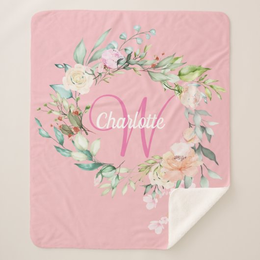 Couverture Sherpa Rose d'été moderne rose initial Monogramme (Devant)