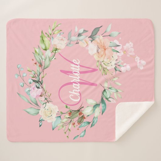 Couverture Sherpa Rose d'été moderne rose initial Monogramme (Devant (Horizontal))