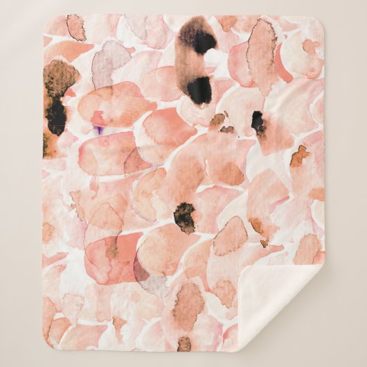 Couverture Sherpa Rose, pivoine, feuille, motif aquarelle. (Devant)