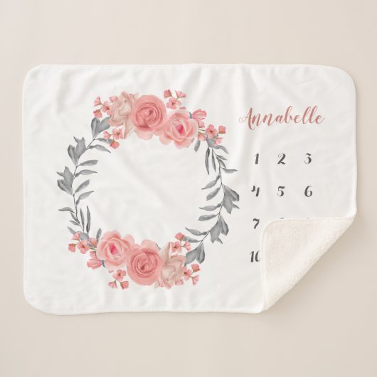 Couverture Sherpa Rose rose pâle Fleur  Wreath Milestone (Devant (Horizontal))