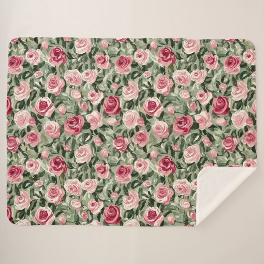 Couverture Sherpa Rose rouge vert Rose Floral (Devant (Horizontal))