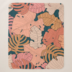 Couverture Sherpa rose vif, orange, jaune feuilles de monstère et