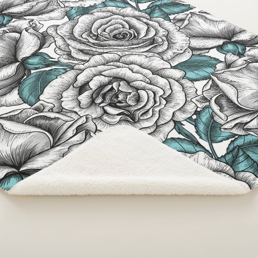 Couverture Sherpa Roses blanches avec feuilles bleus (3/4)
