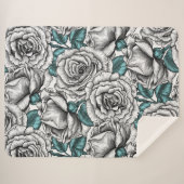 Couverture Sherpa Roses blanches avec feuilles bleus (Devant (Horizontal))