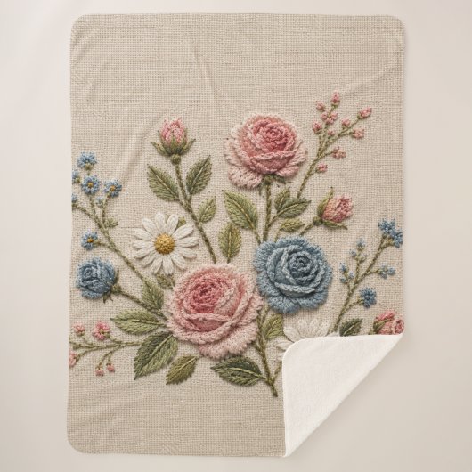 Couverture Sherpa Roses brodées Blush & Blue (Devant)