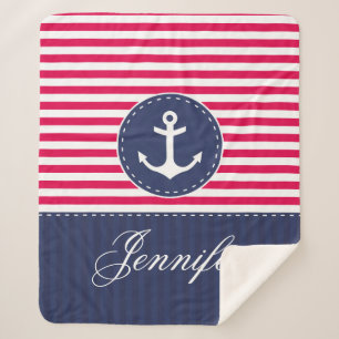 Couverture Sherpa Rouge bleu Ancre marine Design Nom personnalisé