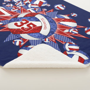 Couverture Sherpa rouge bleu girly volleyballs étoiles nom personnal