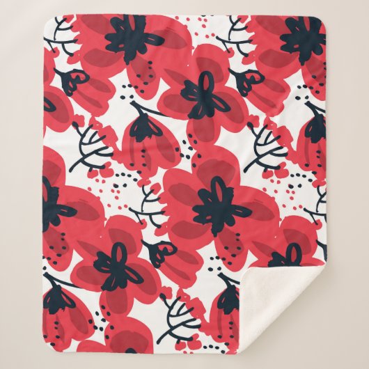 Couverture Sherpa Rouge de fleur : Motif Abstrait à main. (Devant)