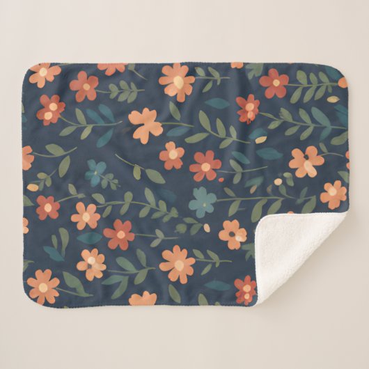 Couverture Sherpa Rustic Wildflower Field Navy Blue Pattern (Devant (Horizontal))