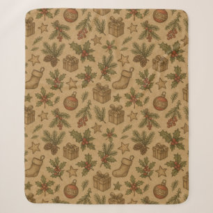 Couverture Sherpa Rustique, motif de Noël vintage