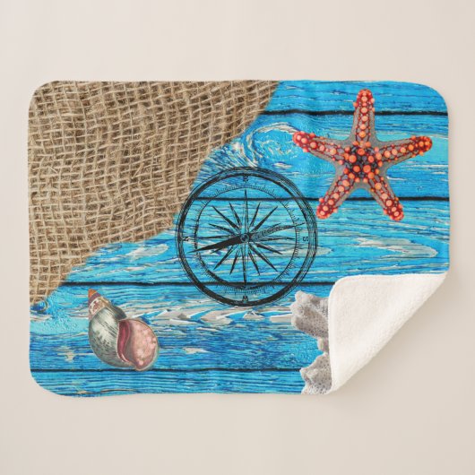 Couverture Sherpa Rustique Nautique Bleu Burlap Starfish (Devant (Horizontal))