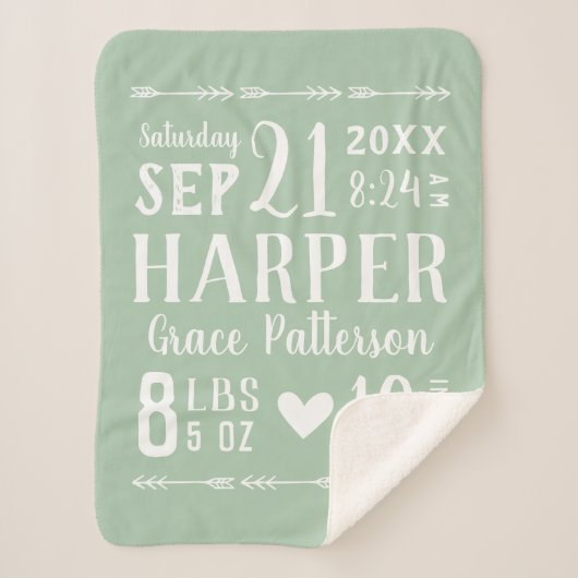Couverture Sherpa Sage Green Baby Girl Birth Stats Keepsaké (Devant)