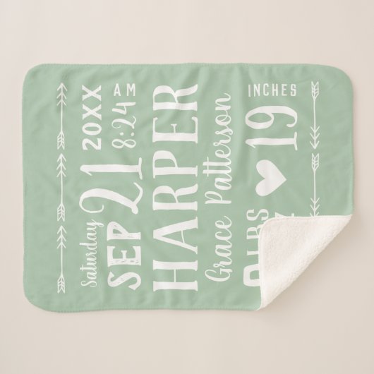 Couverture Sherpa Sage Green Baby Girl Birth Stats Keepsaké (Devant (Horizontal))